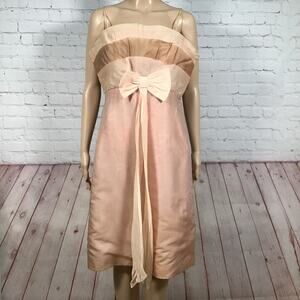 Vintage 60s Peach Blush Party Dress Ruffled Bodice Skinny Strap Front Bow M L